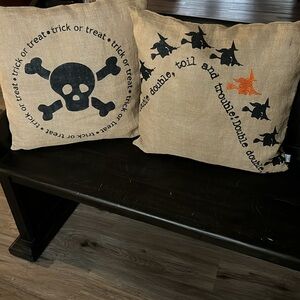 LOT of 2 Halloween Throw Pillows Covers Marlo Lorenz‎ Burlap Skull Witch 20 x 20